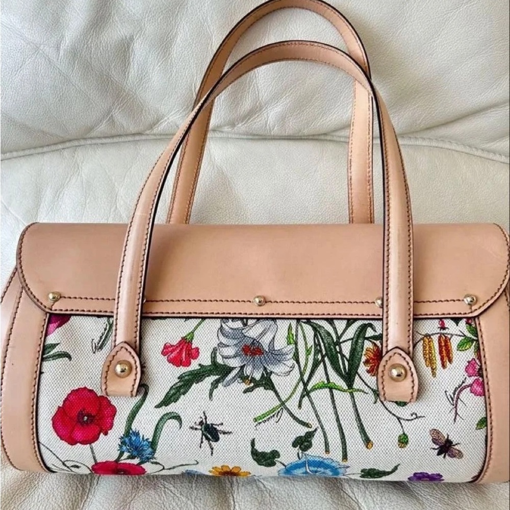 Gucci Floral Canvas and Beige Leather Satchel - Picture 2 of 16